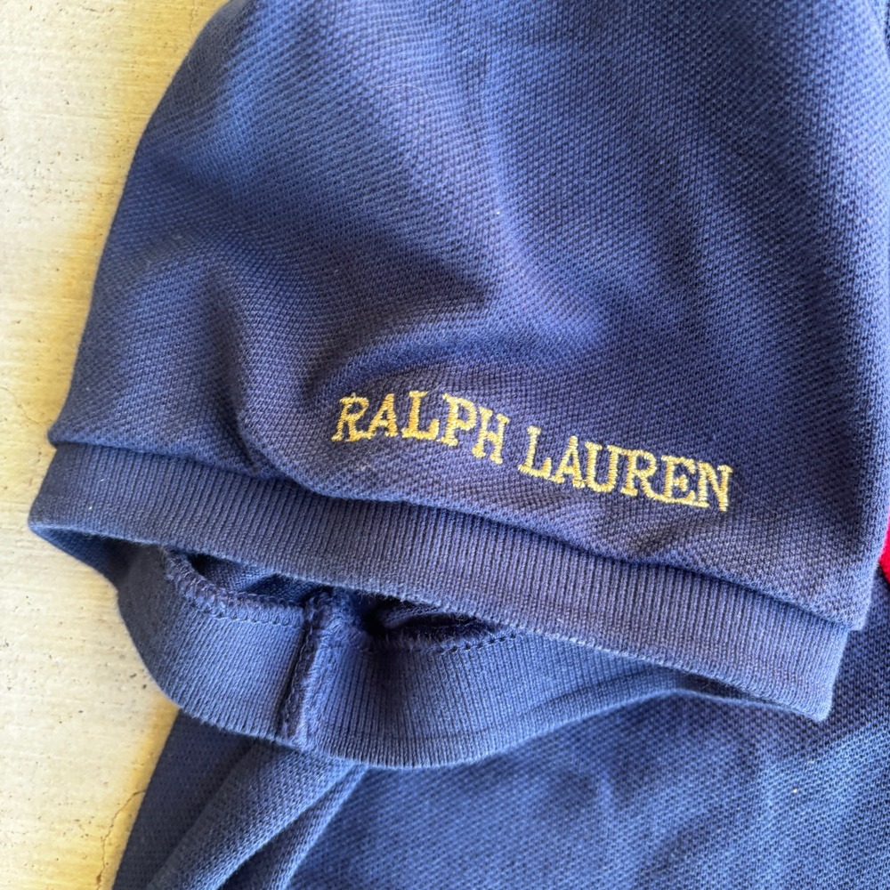 Y2K Ralph Lauren Sport Navy Blue Pima Cotton Sash Stripe Polo Shirt XL Big Pony - Picture 4 of 7